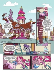 Size: 768x1024 | Tagged: safe, artist:kate sherron, idw, official comic, character:boulder, character:maud pie, character:pinkie pie, species:earth pony, species:pony, cake, comic, dialogue, female, food, ladder, mare, preview, siblings, sisters, speech bubble, sugarcube corner