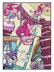Size: 768x1024 | Tagged: safe, artist:kate sherron, idw, official comic, character:marble pie, character:maud pie, character:pinkie pie, species:earth pony, species:pony, balloonbutt, butt, cake, comic, dialogue, female, food, ladder, mare, plot, preview, siblings, sisters, speech bubble, when she speaks