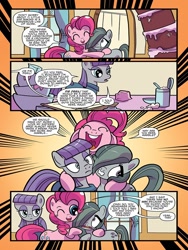 Size: 768x1024 | Tagged: safe, artist:kate sherron, idw, official comic, character:boulder, character:marble pie, character:maud pie, character:pinkie pie, species:earth pony, species:pony, cake, comic, dialogue, female, food, mare, one eye closed, preview, siblings, sisters, speech bubble, when she speaks, wink
