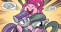 Size: 614x322 | Tagged: safe, artist:kate sherron, idw, character:marble pie, character:maud pie, character:pinkie pie, species:earth pony, species:pony, cropped, dialogue, exclamation point, female, floppy ears, gritted teeth, happy, mare, open mouth, pie sisters, question mark, siblings, sisters, speech bubble, teeth, trio