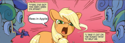 Size: 927x318 | Tagged: safe, artist:caseycoller, edit, idw, character:applejack, autistic screeching, descriptive noise, female, filly, filly applejack, reeee, younger