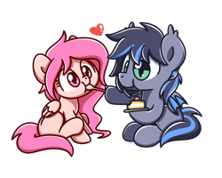 Size: 2560x2048 | Tagged: safe, artist:sugar morning, oc, oc only, oc:midnight aegis, oc:peach hack, species:bat, species:bat pony, species:pegasus, species:pony, cake, chibi, couple, cute, feeding, female, food, heart, male, peagis, simple background, sitting, transparent background, weapons-grade cute, wings