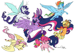 Size: 5905x4220 | Tagged: safe, artist:cigarscigarettes, colorist:pone-dancer, character:applejack, character:fluttershy, character:pinkie pie, character:rainbow dash, character:rarity, character:twilight sparkle, character:twilight sparkle (alicorn), species:alicorn, species:earth pony, species:pegasus, species:pony, species:unicorn, episode:the last problem, g4, my little pony: friendship is magic, absurd resolution, artificial wings, augmented, colored lineart, fairy wings, magic, magic wings, mane six, older, older applejack, older fluttershy, older mane six, older pinkie pie, older rainbow dash, older rarity, older twilight, princess twilight 2.0, signature, simple background, transparent background, wings