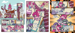 Size: 2304x1024 | Tagged: safe, artist:kate sherron, idw, official comic, character:boulder, character:marble pie, character:maud pie, character:pinkie pie, species:earth pony, species:pony, cake, comic, female, food, giant cake, mare, pie sisters, ponyville, preview, siblings, sisters, sugarcube corner, when she speaks, writer:jeremy whitley