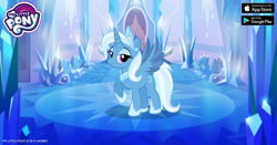 Size: 960x504 | Tagged: safe, gameloft, idw, character:trixie, species:alicorn, species:pony, alicornified, blue, crown, crystal, facebook, idw showified, jewelry, my little pony logo, princess of humility, race swap, raised hoof, reflections, regalia, solo, trixiecorn