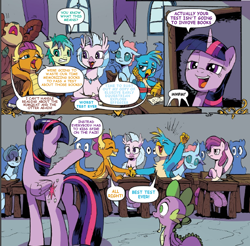 Size: 1112x1096 | Tagged: safe, artist:pencils, edit, idw, character:gallus, character:ocellus, character:sandbar, character:silverstream, character:smolder, character:spike, character:twilight sparkle, character:twilight sparkle (alicorn), character:yona, species:alicorn, species:changeling, species:dragon, species:earth pony, species:griffon, species:hippogriff, species:pony, species:yak, ship:spolder, comic, dragoness, female, funny, gallspike, male, mare, out of character, shipping, straight, student six, text edit, winged spike