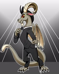 Size: 1280x1600 | Tagged: safe, artist:redahfuhrerking, idw, species:draconequus, abstract background, accord, alternate design, business suit, cane, chaos theory (arc), clothing, gray background, male, necktie, remake, simple background, solo, symmetrical draconequus