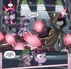 Size: 1262x1222 | Tagged: safe, artist:tonyfleecs, idw, official comic, character:shadow lock, character:spike, character:twilight sparkle, character:twilight sparkle (alicorn), species:alicorn, species:dragon, species:pony, species:unicorn, book, cloak, clothing, comic, covered eyes, cropped, dialogue, female, from the shadows, hood, library, magic, magic aura, male, mare, priorities, skewed priorities, speech bubble, stallion, telekinesis, that pony sure does love books, twilight's castle, twilight's castle library