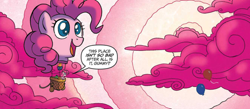 Size: 1262x549 | Tagged: safe, artist:tonyfleecs, idw, character:gummy, character:pinkie pie, species:pony, balloon, cloud, cropped, dialogue, female, hot air balloon, mare, speech bubble, the discord zone