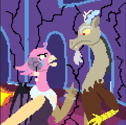 Size: 724x717 | Tagged: safe, artist:ultimatum323, idw, character:discord, character:princess eris, species:draconequus, crying, destruction, nightmare knights, pixel art, redesign