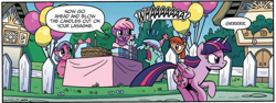 Size: 2466x924 | Tagged: safe, artist:brendahickey, idw, official comic, character:twilight sparkle, character:twilight sparkle (alicorn), species:alicorn, species:pony, balloon, birthday party, candle, cropped, crying, dialogue, female, fence, filly, foal, food, lasagna, mare, ocular gushers, party, pasta, picket fence, running, speech bubble