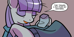 Size: 1018x514 | Tagged: safe, artist:kate sherron, idw, character:boulder, character:maud pie, species:earth pony, species:pony, equestria's best big sister, eyes closed, female, mare, smiling, speech, when she smiles