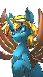 Size: 1080x1920 | Tagged: safe, artist:noben, oc, oc:skydreams, species:pony, species:unicorn, artificial wings, augmented, aviator goggles, female, goggles, mare, wings