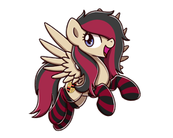 Size: 2560x2048 | Tagged: safe, artist:sugar morning, oc, oc:carrera swiftwings, oc:porsche speedwings, species:pegasus, species:pony, blue eyes, cel shading, clothing, cute, euphoric, female, flying, happy, long hair, long mane, mare, open mouth, pegasus oc, rule 63, shading, simple background, socks, solo, spread wings, striped socks, tan coat, thigh highs, transparent background, wings, yay