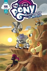 Size: 1054x1600 | Tagged: safe, artist:amy mebberson, idw, character:applejack, character:rockhoof, character:tempest shadow, character:zecora, species:earth pony, species:pony, species:unicorn, species:zebra, spoiler:comic (season 10), spoiler:comic 89, bag, cover, ear piercing, earring, female, hooves, horn, jewelry, male, mare, neck rings, open mouth, piercing, saddle bag, season 10, stallion, tree