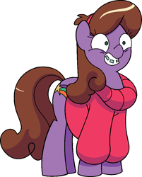 Size: 746x928 | Tagged: safe, artist:vgc2001, idw, species:earth pony, species:pony, bracket, clothing, female, gravity falls, headband, mabel pines, mare, maybelle, ponified, shooting star, smiling, solo, sweater