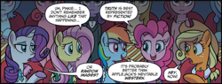 Size: 2406x910 | Tagged: safe, artist:tonyfleecs, idw, character:applejack, character:fluttershy, character:pinkie pie, character:rainbow dash, character:rarity, species:pony, species:unicorn, clothing, cropped, dialogue, female, mare, speech bubble
