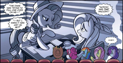Size: 2406x1239 | Tagged: safe, artist:tonyfleecs, idw, character:applejack, character:fluttershy, character:pinkie pie, character:rainbow dash, character:rarity, species:pony, species:unicorn, clothing, cropped, dialogue, feather, female, hat, mare, movie, noir, speech bubble, whispering