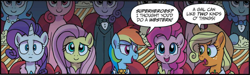 Size: 2410x726 | Tagged: safe, artist:tonyfleecs, idw, character:applejack, character:fluttershy, character:pinkie pie, character:rainbow dash, character:rarity, species:pony, species:unicorn, clothing, cropped, dialogue, female, mare, speech bubble