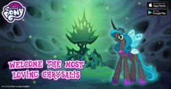Size: 960x504 | Tagged: safe, gameloft, idw, character:queen chrysalis, species:changeling, changeling queen, chrysalis' throne, facebook, female, glasses, idw showified, lidded eyes, looking at you, my little pony logo, reflections, reversalis, solo, text, throne, wings