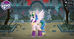 Size: 960x504 | Tagged: safe, gameloft, idw, character:princess celestia, species:alicorn, species:pony, angry, crown, evil celestia, facebook, female, gate, idw showified, jewelry, looking at you, mare, my little pony logo, reflections, regalia, solo, thorns, tree