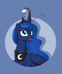 Size: 1000x1200 | Tagged: safe, artist:mew-me, idw, character:princess luna, character:tiberius, species:alicorn, species:pony, affection, beautiful, crown, duo, ethereal mane, eyes closed, eyeshadow, female, flowing mane, folded wings, jewelry, looking up, makeup, male, mare, necklace, opossum, pet, regalia, smiling, tiara, wings