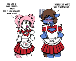 Size: 2560x2048 | Tagged: safe, artist:sugar morning, oc, oc only, oc:bizarre song, oc:sugar morning, species:anthro, species:pony, blushing, cleavage window, clothing, costume, couple, crossdressing, cute, embarrassed, female, maid, male, mare, meme, pizza hut, pizza hut maid dress, simple background, stallion, text, white background