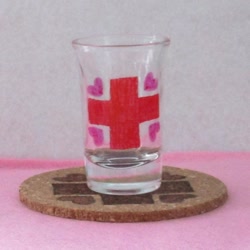 Size: 1024x1024 | Tagged: safe, artist:malte279, character:nurse redheart, coaster, commission, cork, craft, cutie mark, glass, glass painting, pyrography, shot glass, traditional art
