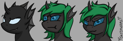 Size: 600x200 | Tagged: safe, artist:skydreams, oc, oc only, oc:pincer, species:changeling, :3, :t, changeling oc, changeling proto-queen, commission, emoji, emotes, glare, smiling, smirk