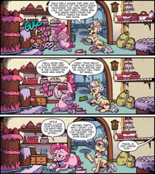 Size: 2462x2742 | Tagged: safe, artist:pencils, idw, character:apple rose, character:pinkie pie, species:earth pony, species:pony, cake, comic, cropped, dialogue, duo, eating, fat, female, food, mare, messy eating, nom, offscreen character, pudgy pie, speech bubble, stuffing, sugarcube corner, this ended in weight gain, weight gain