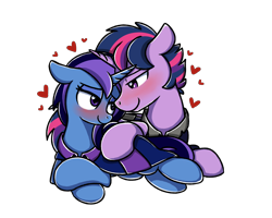 Size: 2560x2048 | Tagged: source needed, useless source url, safe, artist:sugar morning, character:twilight sparkle, oc, oc:aurora shine (loe), oc:dusk shine, species:pony, species:unicorn, blushing, canon x oc, clothing, commission, female, heart, looking at each other, lying down, male, r63 shipping, robe, rule 63, shipping, simple background, stallion, transparent background