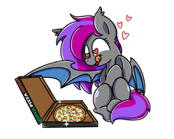 Size: 2560x2048 | Tagged: source needed, useless source url, safe, alternate version, artist:sugar morning, oc, oc only, oc:comet strike, species:bat pony, species:pony, bat pony oc, bow, cardboard box, clothing, commission, cutie mark, female, food, fruit, heart, heart eyes, herbivore, hungry, kiwi, kiwi fruit, pineapple pizza, pizza, simple background, sitting, socks, solo, text, tongue out, transparent background, wingding eyes