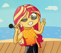Size: 2407x2097 | Tagged: safe, artist:artiks, character:sunset shimmer, episode:let it rain, g4, my little pony:equestria girls, beach, looking at you, microphone, one eye closed, peace sign, smiling, solo, sunglasses, wink