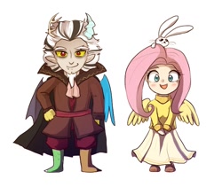 Size: 700x590 | Tagged: safe, artist:keterok, character:angel bunny, character:discord, character:fluttershy, blushing, clothing, horned humanization, humanized, skirt, winged humanization