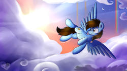 Size: 3840x2160 | Tagged: source needed, useless source url, safe, artist:sugar morning, oc, oc only, oc:pegasusgamer, species:pegasus, species:pony, cloud, day, flying, full body, moon, night, rainbow, rainbow waterfall, sky, solo, stars, sun, sunset, wings