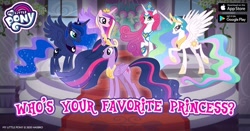 Size: 960x504 | Tagged: safe, gameloft, idw, character:princess amore, character:princess cadance, character:princess celestia, character:princess luna, character:twilight sparkle, character:twilight sparkle (alicorn), species:alicorn, species:pony, species:unicorn, episode:the last problem, g4, my little pony: friendship is magic, alicorn pentarchy, crown, facebook, female, idw showified, jewelry, mare, my little pony logo, princess twilight 2.0, regalia, text, wings