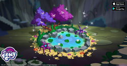 Size: 960x504 | Tagged: safe, gameloft, idw, bush, butterfly, facebook, flower, hot springs, idw showified, my little pony logo, no pony, ponies of dark water, rock, tree