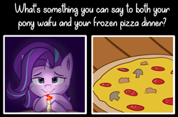Size: 3763x2479 | Tagged: safe, artist:artiks, character:starlight glimmer, species:pony, species:unicorn, candle, female, food, mare, meat, meme, mushroom, pepperoni, pepperoni pizza, pizza, solo