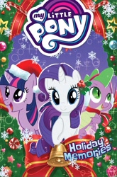 Size: 1400x2125 | Tagged: safe, idw, official, character:rarity, character:spike, character:twilight sparkle, character:twilight sparkle (alicorn), species:alicorn, species:dragon, species:pony, species:unicorn, female, holiday, holiday memories, mare, my little pony logo