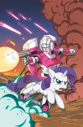 Size: 1341x2047 | Tagged: safe, artist:jack lawrence, idw, character:rarity, species:pony, species:unicorn, arcee, blaster, clash of hasbro's titans, cover art, crossover, explosion, friendship in disguise, robot, transformers