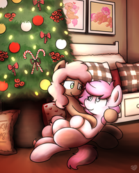 Size: 2048x2560 | Tagged: safe, artist:sugar morning, oc, oc only, oc:kayla, oc:mary jane, species:earth pony, species:pegasus, species:pony, bed, candy, candy cane, christmas, christmas tree, female, food, holding head, holiday, kayry, lesbian, looking at each other, mare, oc x oc, pillow, shipping, snuggling, tree
