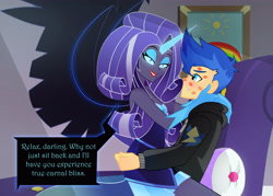 Size: 4448x3180 | Tagged: safe, artist:xan-gelx, idw, character:flash sentry, character:nightmare rarity, character:rarity, my little pony:equestria girls, bedroom eyes, clothing, commission, couch, dark magic, dialogue, dialogue box, digital art, equestria girls-ified, eyeshadow, female, girl on top, hands on shoulder, holiday, hoodie, jacket, kiss mark, lipstick, magic, makeup, male, nightmare sentrity, seductive, seductive look, sentrity, shipping, smiling, smirk, straight, talking, touch, wings