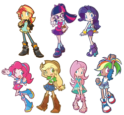 Size: 1300x1200 | Tagged: safe, artist:rvceric, kotobukiya, character:applejack, character:fluttershy, character:pinkie pie, character:rainbow dash, character:rarity, character:sunset shimmer, character:twilight sparkle, character:twilight sparkle (scitwi), species:eqg human, species:human, my little pony:equestria girls, boots, clothing, cowboy hat, cute, denim shorts, denim skirt, dress, female, hairband, hat, high heel boots, high heels, human coloration, humane five, humane seven, humane six, kotobukiya rainbow dash, miniskirt, open mouth, pleated skirt, shoes, shorts, side slit, simple background, skirt, stetson, white background