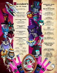 Size: 950x1221 | Tagged: safe, artist:adelightfultedium, idw, official, character:discord, species:draconequus, blaster, chromia, cy-kill, hasbro, knock out, pony cameo, rung, sky lynx, strongarm, swerve, tidal wave, transformers, transformers animated, uncial script
