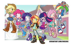 Size: 2720x1700 | Tagged: safe, alternate version, artist:rvceric, kotobukiya, character:applejack, character:fluttershy, character:pinkie pie, character:rainbow dash, character:rarity, character:sunset shimmer, character:twilight sparkle, character:twilight sparkle (scitwi), species:eqg human, species:human, my little pony:equestria girls, boots, clothing, cowboy hat, denim shorts, denim skirt, dress, glasses, goggles, hairband, hat, high heel boots, high heels, human coloration, humane five, humane seven, humane six, miniskirt, pleated skirt, ponytail, shoes, shorts, side slit, skirt, sneakers, socks, stetson
