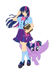 Size: 4237x6000 | Tagged: safe, artist:pink1ejack, kotobukiya, character:twilight sparkle, character:twilight sparkle (alicorn), species:alicorn, species:human, species:pony, my little pony:equestria girls, absurd resolution, bishoujo, book, clothing, cute, female, glasses, human coloration, human ponidox, humanized, i can't believe it's not sci-twi, japanese, kotobukiya twilight sparkle, looking at you, mare, miniskirt, moe, open mouth, pleated skirt, self ponidox, shoes, simple background, skirt, smiling, socks, solo, transparent background, twiabetes, twilight's professional glasses, vector