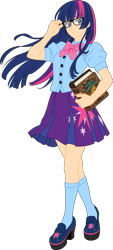 Size: 2705x6000 | Tagged: safe, artist:pink1ejack, kotobukiya, character:twilight sparkle, species:human, my little pony:equestria girls, absurd resolution, bishoujo, book, clothing, cute, female, glasses, human coloration, humanized, i can't believe it's not sci-twi, japanese, kotobukiya twilight sparkle, looking at you, meganekko, miniskirt, moe, pleated skirt, shoes, simple background, skirt, smiling, socks, solo, transparent background, twiabetes, twilight's professional glasses, vector