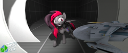 Size: 2048x858 | Tagged: safe, artist:alope ruby aspendale, oc, oc:discordant storm, species:pegasus, species:pony, 3d, cute, female, gray coat, inside, mare, red and black oc, red eyes, red mane, solo, source filmmaker, star trek, star trek ii: the wrath of khan, starship, why, wings