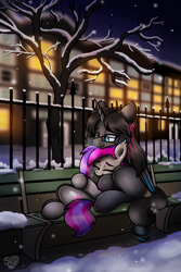 Size: 2820x4230 | Tagged: source needed, useless source url, safe, artist:sugar morning, oc, oc only, species:alicorn, species:bat pony, species:pony, bat pony oc, bench, building, colored, cuddling, cute, cutie mark, eyes closed, female, fence, glasses, hug, outdoors, sitting, smiling, snow