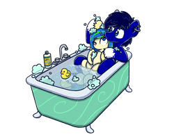 Size: 2560x2048 | Tagged: source needed, useless source url, safe, artist:sugar morning, oc, oc only, oc:berry cream, oc:ravebounce, species:pony, bathing, bathing together, bathtub, chibi, claw foot bathtub, colored, commission, cute, female, male, mare, rubber duck, shampoo, shipping, simple background, soap bubble, stallion, transparent background, water, wet, wet mane